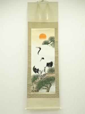 大幹筆　松上双鶴　肉筆絹本掛軸（保護箱）